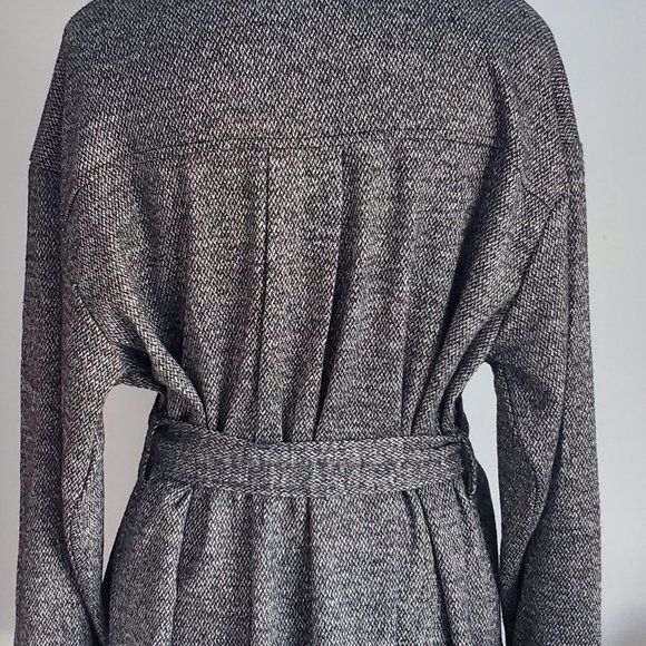 Tweed Style Fall Jacket Button Down Belted Heathered Grey Knit Pockets Cuffs - Picture 8 of 11